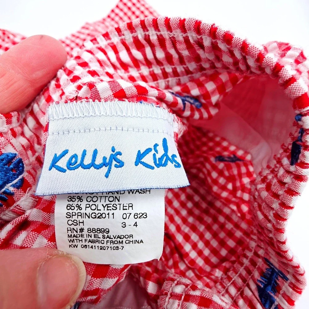 Kellys Kids Boys Red Gingham Fish Skeleton Embroidered Shorts Size 3-4 Elastic